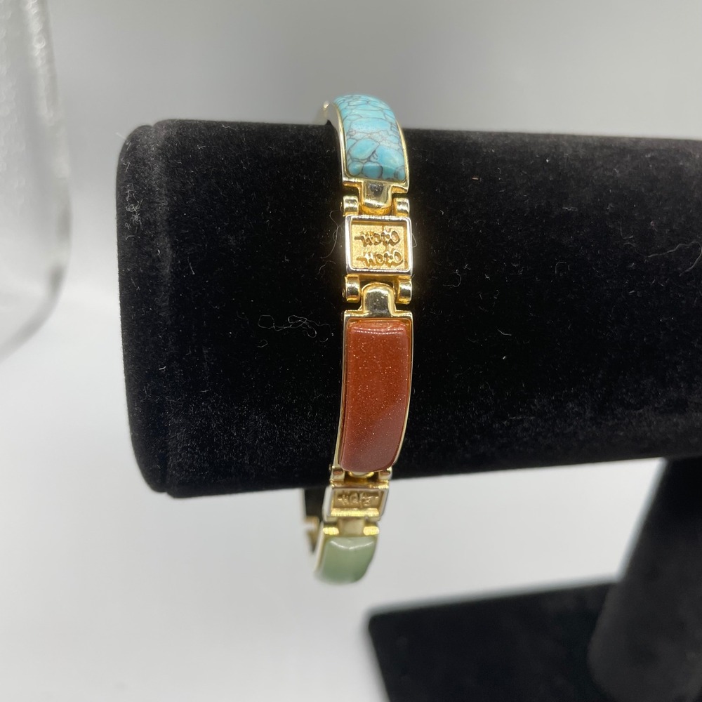 Vintage Chinese‎ Character Faux Multi Stone  Bracelet Gold Tone 7.5"
